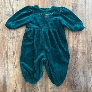 Carters Vintage Green Velour Romper Christmas Embroidered Size 18 Months